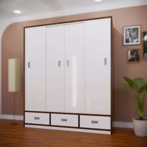 Tủ nhựa QA160 - Tủ 4 cánh lùa, 3 ngăn kéo hàng dưới, khung óc chó cánh trắng